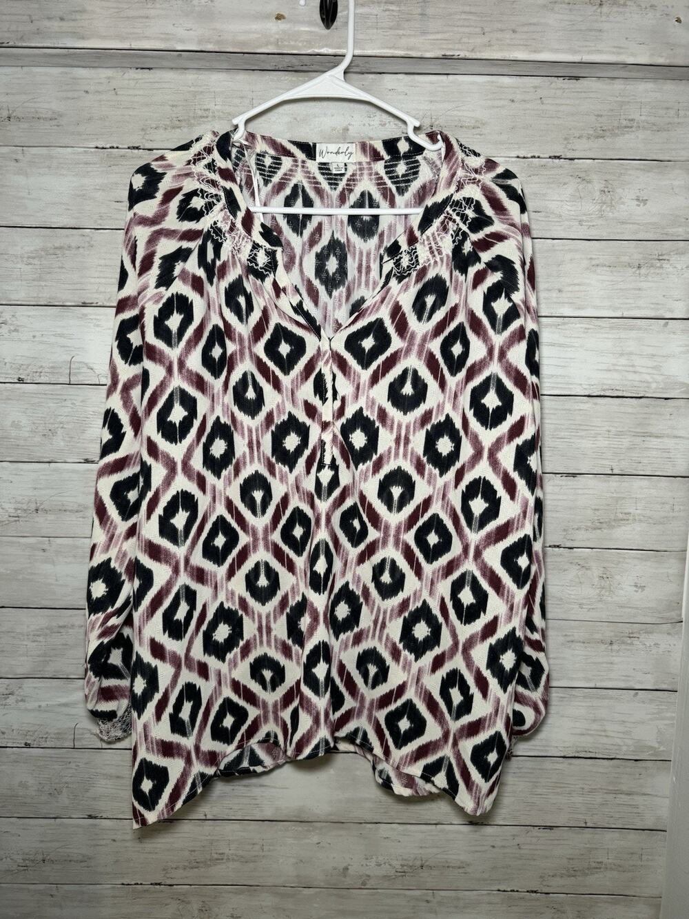 Wonderly Women's Large Multicolor Long Sleeve Top V Neck Shirt Blouse Casual Top